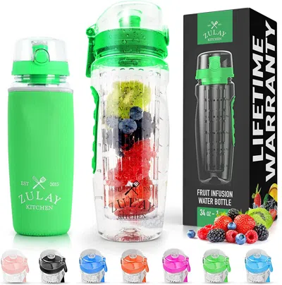 Zulay Kitchen Fruit Infuser Water Bottle With Sleeve & Flip Top Lid In Green