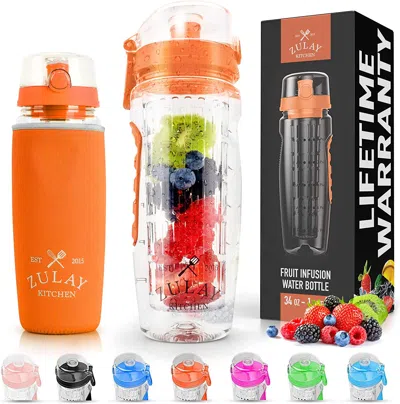 Zulay Kitchen Fruit Infuser Water Bottle With Sleeve & Flip Top Lid In Orange