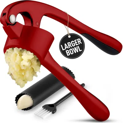 Zulay Kitchen Large Premium Garlic Press Set - Bigger Bowl For Bigger Garlic In Red
