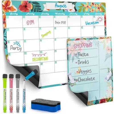 Zulay Kitchen Magnetic Dry Erase Calendar Whiteboard Kit For Fridge - Flower In Blue