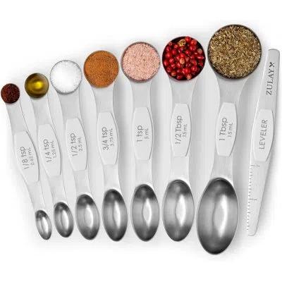 Zulay Kitchen Magnetic Spoons Set Of 8 Dual Sided Spice Jars Spoons Set Stainless Steel In White