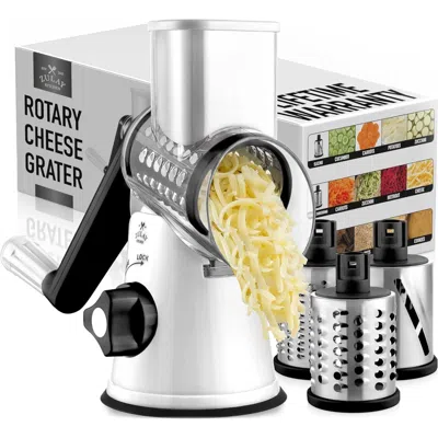 Zulay Kitchen Manual Rotary Cheese Grater With 3 Interchangeable Blades In White