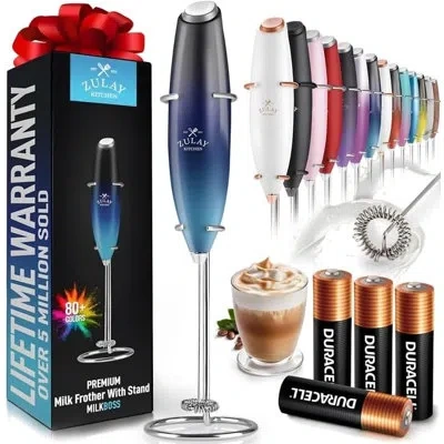 Zulay Kitchen Milk Frother With Batteries 4pcs Duracell Included - Handheld Milk Frother Wand Drink Mixer For Coff