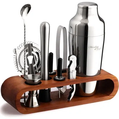 Zulay Kitchen Mixology & Craft Bartender Kit: 10-piece Bar Tool Set With Mahogany Stand In Silver