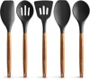 Zulay Kitchen Non-stick Silicone Cooking Utensils Set With Authentic Acacia Wood Handles (5 Piece) In Black