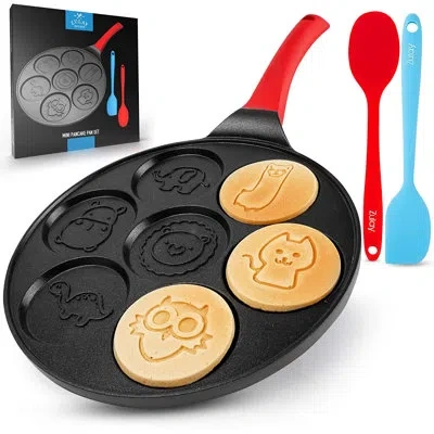 Zulay Kitchen Pancake Pan 7 Animal Face Designs And Two Bonus Spatulas - Round Ceramic Pancake Pan In Black