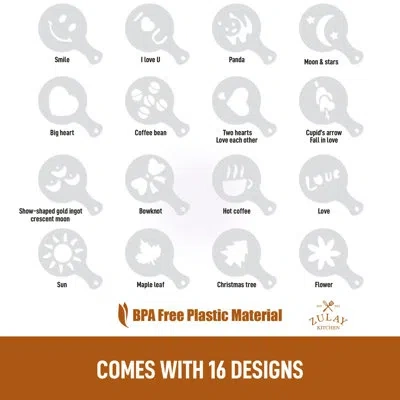 Zulay Kitchen Plastic Stencils For Latte Art (16 Pack) With Various Designs
