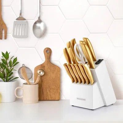 Zulay Kitchen Premium 15-piece Knife Set With Natural Wood Block And Built-in Sharpener In Gold,white,gold