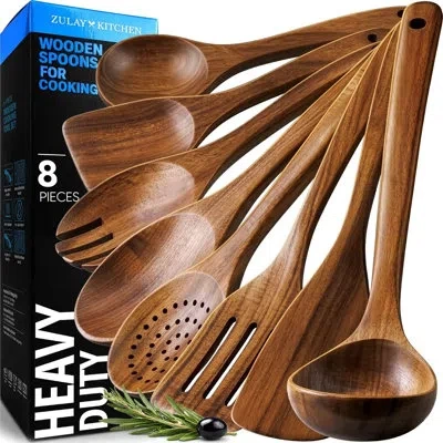 Zulay Kitchen Premium 8-piece Wooden Spoons - Natural Teak Wood Set In Brown