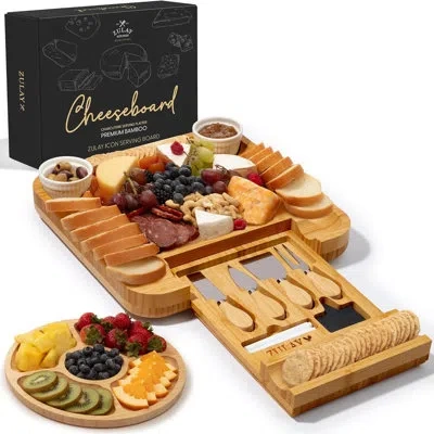 Zulay Kitchen Premium Bamboo Charcuterie Board - Extra Thick Bamboo Board With 4 Piece Knife Set