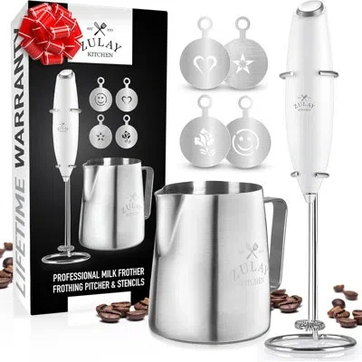 Zulay Kitchen Premium Gift Milk Frother Complete Set - Handheld Foam Maker, Stencils & Frother Set (white) In Silver