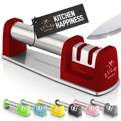 Zulay Kitchen Premium Quality Knife Sharpener For Straight And Serrated Knives Stainless Steel Ceramic And Tungste In Red
