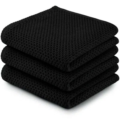 Zulay Kitchen Reusable Kitchen Towels 3 Pack 100% Cotton Waffle Weave - Super Absorbent Dish Towels For Kitchen In Black