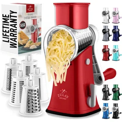 Zulay Kitchen Rotary Cheese Grater With 5 Stainless Steel Blades And Suction Base In Red