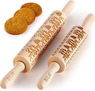 Zulay Kitchen (set Of 2) Wooden Carved Christmas Rolling Pin In Neutral