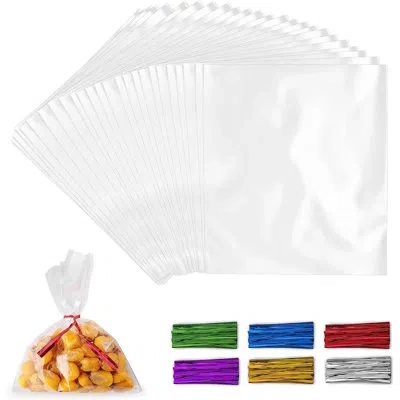 Zulay Kitchen Simple Craft 200 Pack Candy Treat Cellophane Bags Thick Plastic Candy Bags With Ties For Goodie Bags In Clear
