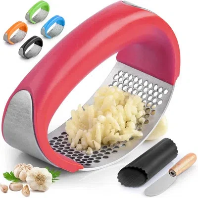 Zulay Kitchen Stainless Steel Garlic Press Rocker Set - Premium Garlic Mincer Garlic Crusher - New Innovative Garl In Pink