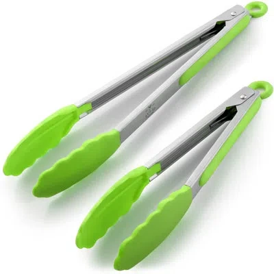 Zulay Kitchen Tongs For Cooking - 2 Pack 9" & 12" Stainless Steel Silicone Tong Set In Light Green