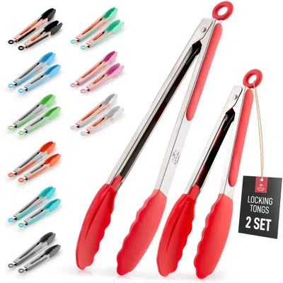 Zulay Kitchen Tongs For Cooking - 2 Pack 9" & 12" Stainless Steel Silicone Tong Set In Red
