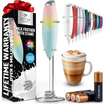 Zulay Kitchen Tornado Whisk Milk Frother With 4 Aa Duracell Batteries - Triple Whisk For More Power In Blue