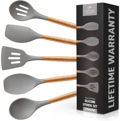 Zulay Kitchen Utensils Set Non-stick Silicone Cooking Utensils Set With Authentic Acacia Wood Handles - 5 Piece Si In Gray