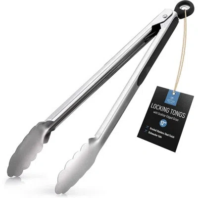 Zulay Kitchen Zulay Stainless Steel Tongs For Cooking - Scallop Head Edge Kitchen Tongs - Easy Grip Bbq Grill Tong In Silver