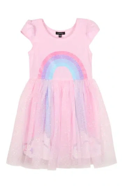 Zunie Cap Sleeve Rainbow Dress In Light Pink/multi