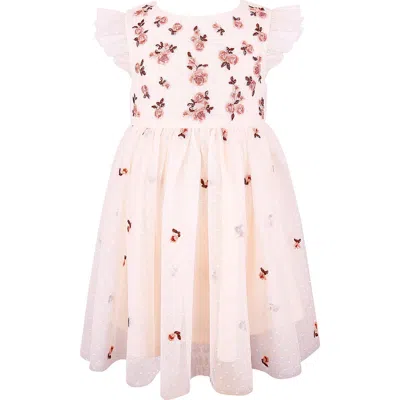 Zunie Babies'  Embroidered Flutter Sleeve Mesh Dress In Pink