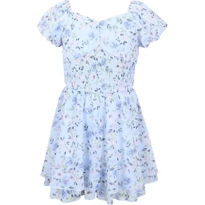 Zunie Kids'  Emma Floral Print Smock Romper In Blue