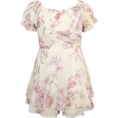 Zunie Kids'  Floral Print Puff Sleeve Romper In Brown