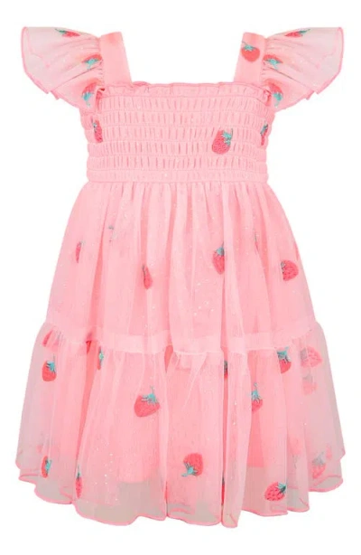 Zunie Babies'  Flutter Sleeve Smocked Strawberry Embroidered Dress In Pink