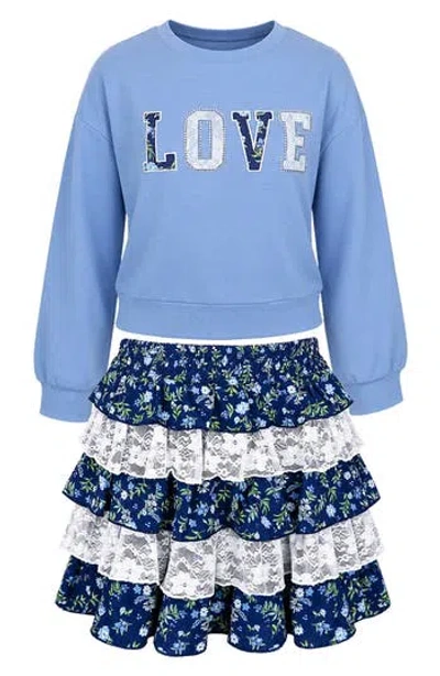 Zunie Kids' 2-piece Top & Tiered Lace Skirt Set In Blue