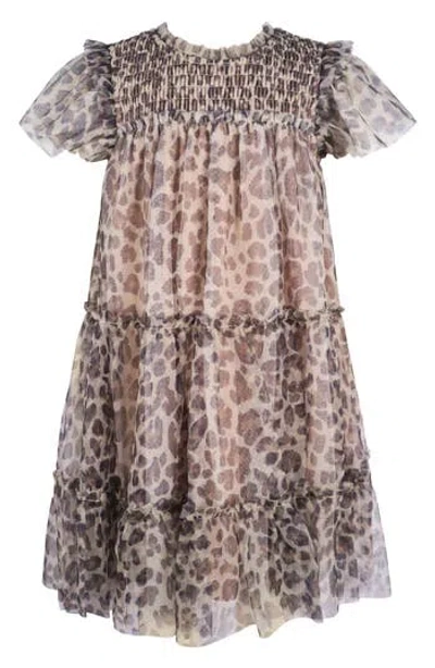 Zunie Kids' Animal Print Smocked Tiered Dress In Brown