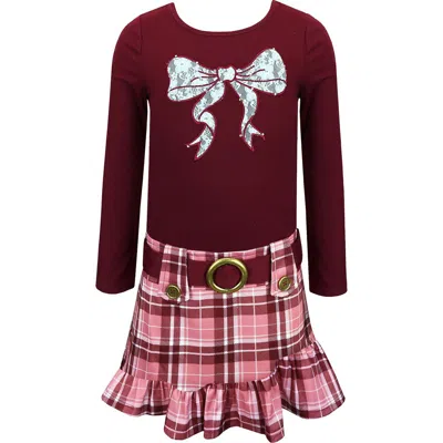 Zunie Kids' Bow Detail Plaid Dress In Brown