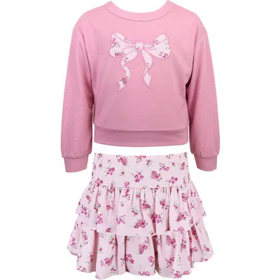 Zunie Kids' Bow Embroidered Pullover & Tiered Skirt Set In Rose Multi