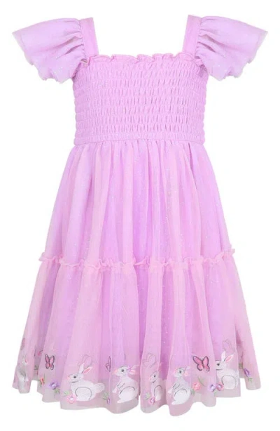Zunie Kids' Bunny Border Embroidered Flutter Sleeve Mesh Party Dress In Purple