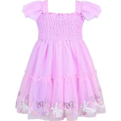 Zunie Babies'  Kids' Bunny Border Embroidered Flutter Sleeve Mesh Party Dress In Purple