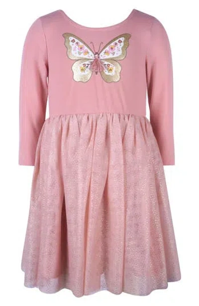 Zunie Kids' Butterfly Mixed Media Dress In Light Marsala Multi