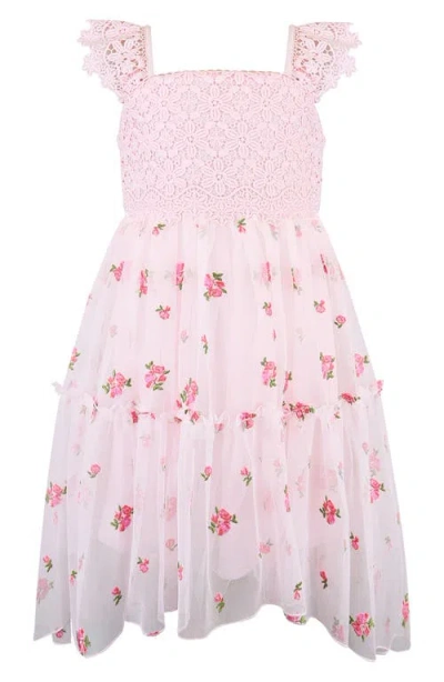Zunie Kids' Crochet Bodice Embroidered Mesh Hi-low Dress In Pink