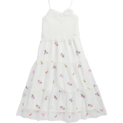 Zunie Kids' Crochet Bodice Floral Embroidered Tiered Mesh Maxi Dress In White