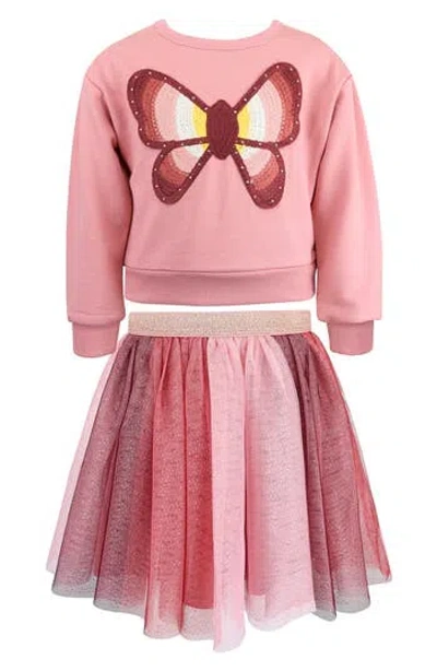 Zunie Kids' Crochet Butterfly Top & Tulle Skirt 2-piece Set In Pink