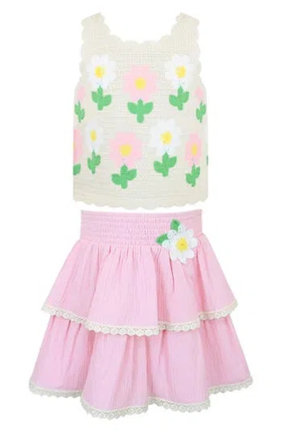 Zunie Kids' Daisy Tank & Skirt Set In Pink