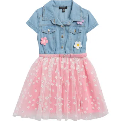 Zunie Kids' Denim & Tulle Shirtdress In Multi