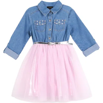 Zunie Kids' Denim Bodice Dress In Denim/pink