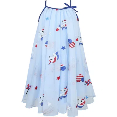 Zunie Kids' Embroidered Fourth Of July Dress In Blue