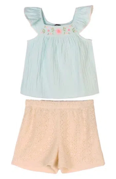Zunie Kids' Embroidered Gauze Top & Shorts Set In Aqua/ivory