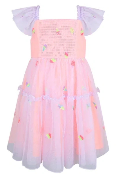 Zunie Kids' Embroidered Smocked Bodice Mesh Party Dress In Multi