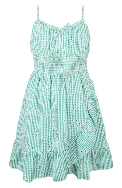 Zunie Kids' Eyelet Gingham Faux Wrap Dress In Green