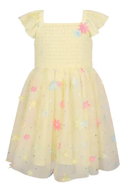 Zunie Kids' Floral Appliqué Mesh Dress In Yellow