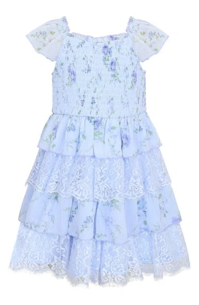 Zunie Kids' Floral Chiffon & Lace Tiered Dress In Blue